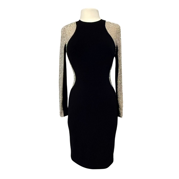 XSCAPE Dress Sz 6 Silver Beaded Black Stretch Mini Illusion Slimming Long Sleeve - Picture 2 of 15